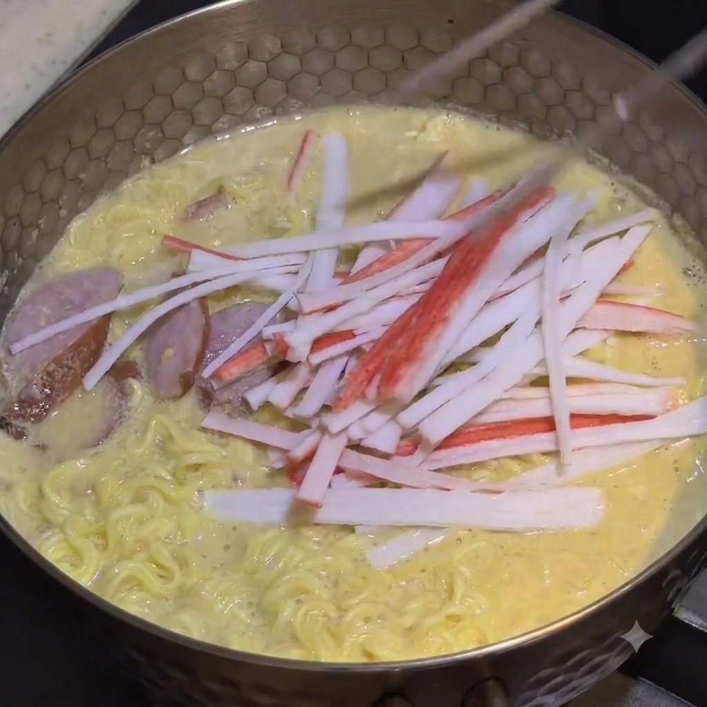細かくほぐしたカニカマを、煮込まれている麺とスープの表面に散らしている様子。
