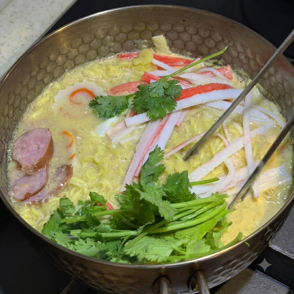 新鮮なパクチーの葉と茎を、鍋の中の麺とトッピングの上に盛り付けている様子。