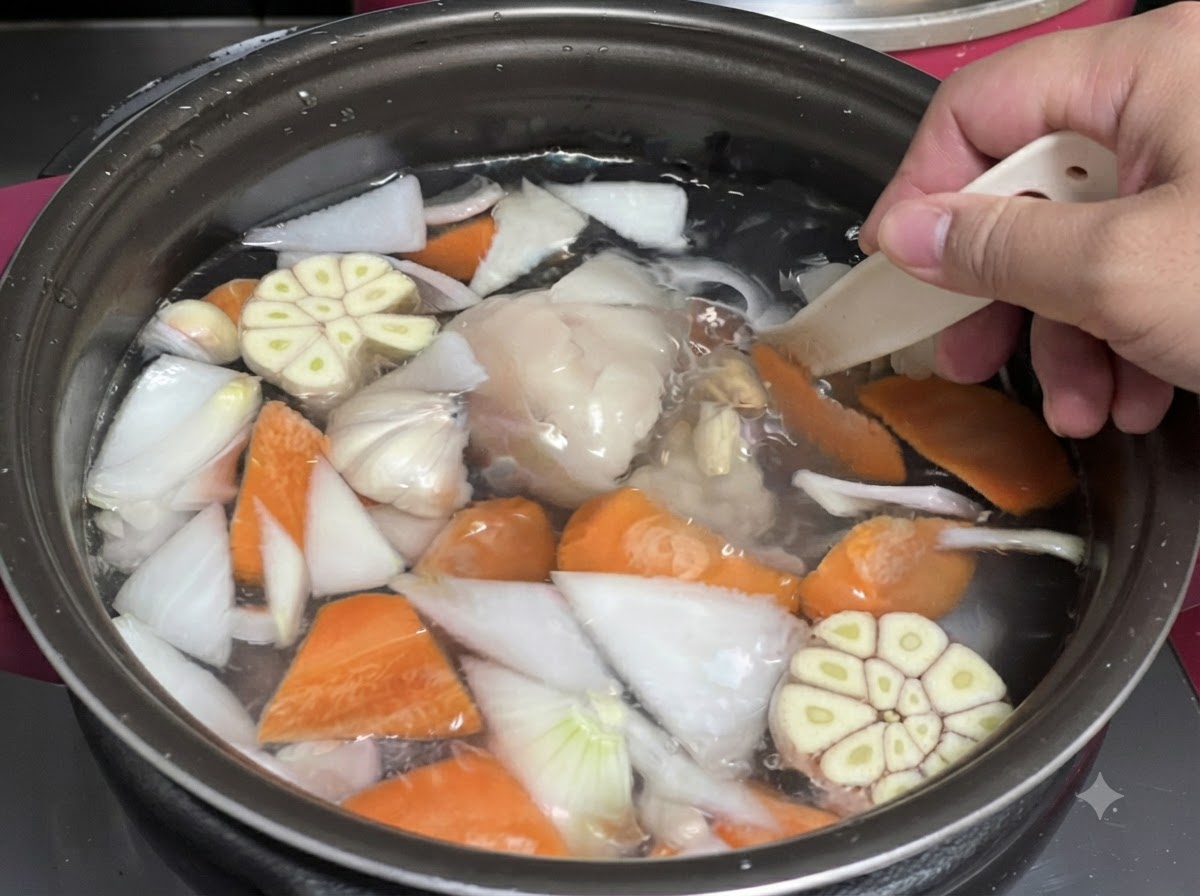 圧力鍋に入った豚骨、モミジ、野菜。