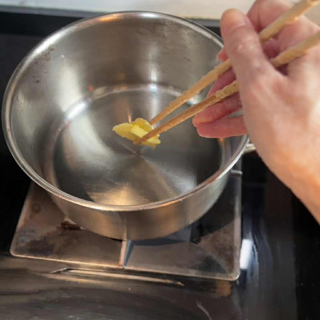 金属製の鍋の中で熱した油に生姜のスライスがジュージューと音を立てて炒められている様子。