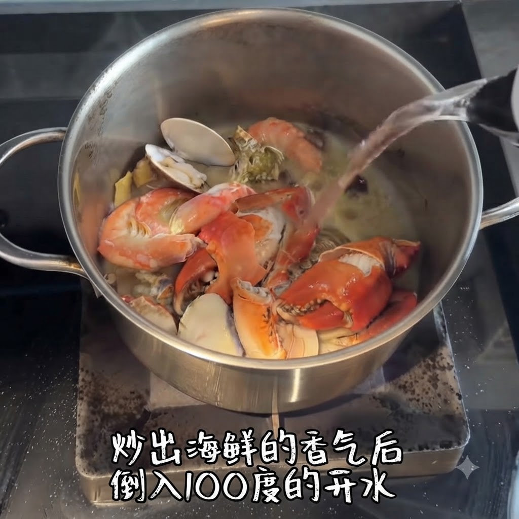 ケトルから炒めた魚介類の入った鍋に熱湯が注がれている様子。