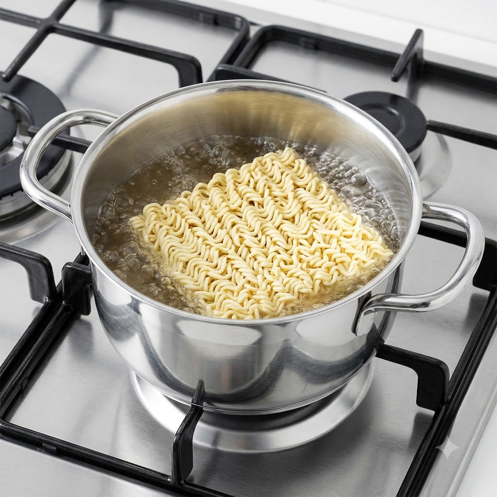 沸騰している黄金色のシーフードスープの中に、ジンラーメンの麺ブロックが入れられている様子。