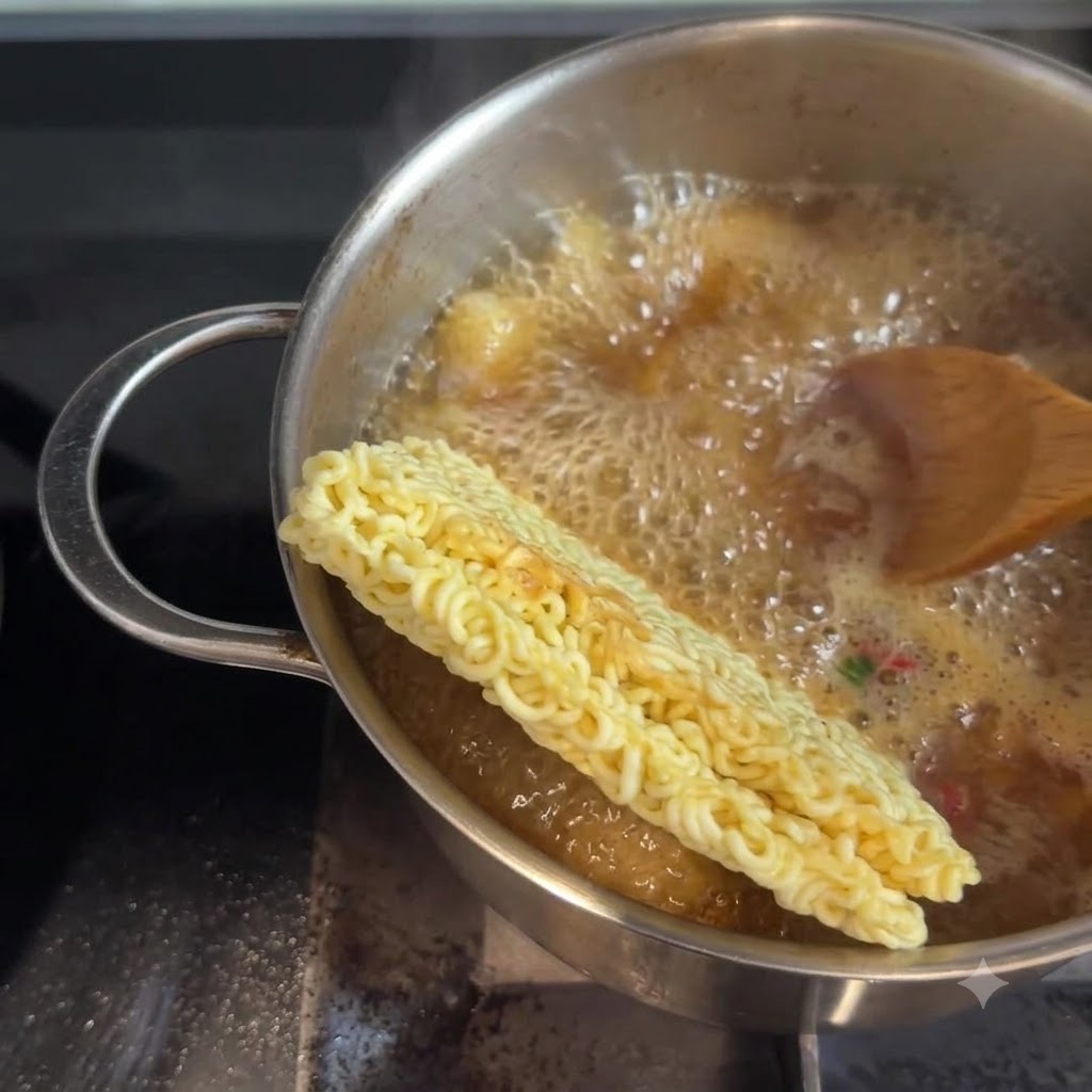 煮立っているスープの中で、箸を使って麺や具材をひっくり返している様子。