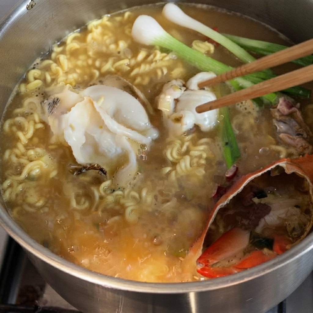 煮込んでいる麺のスープに、青ネギ、スライスしたアワビ、牛肉のスライスが箸で混ぜ合わせられている様子。