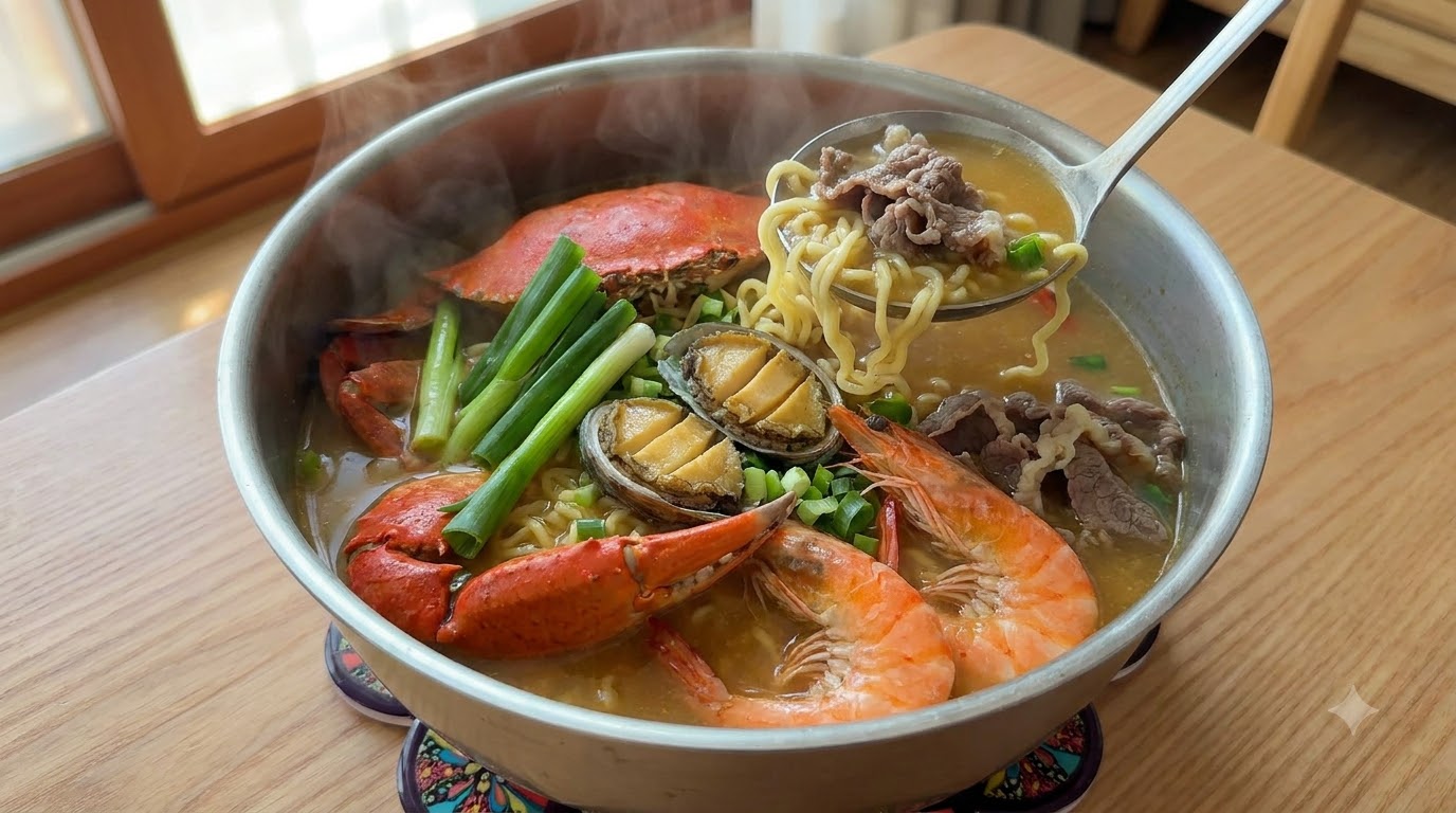 新鮮なカニ、エビ、アワビ、牛肉を贅沢にトッピングし、黄金色のスープで仕上げた自家製シーフードラーメン。