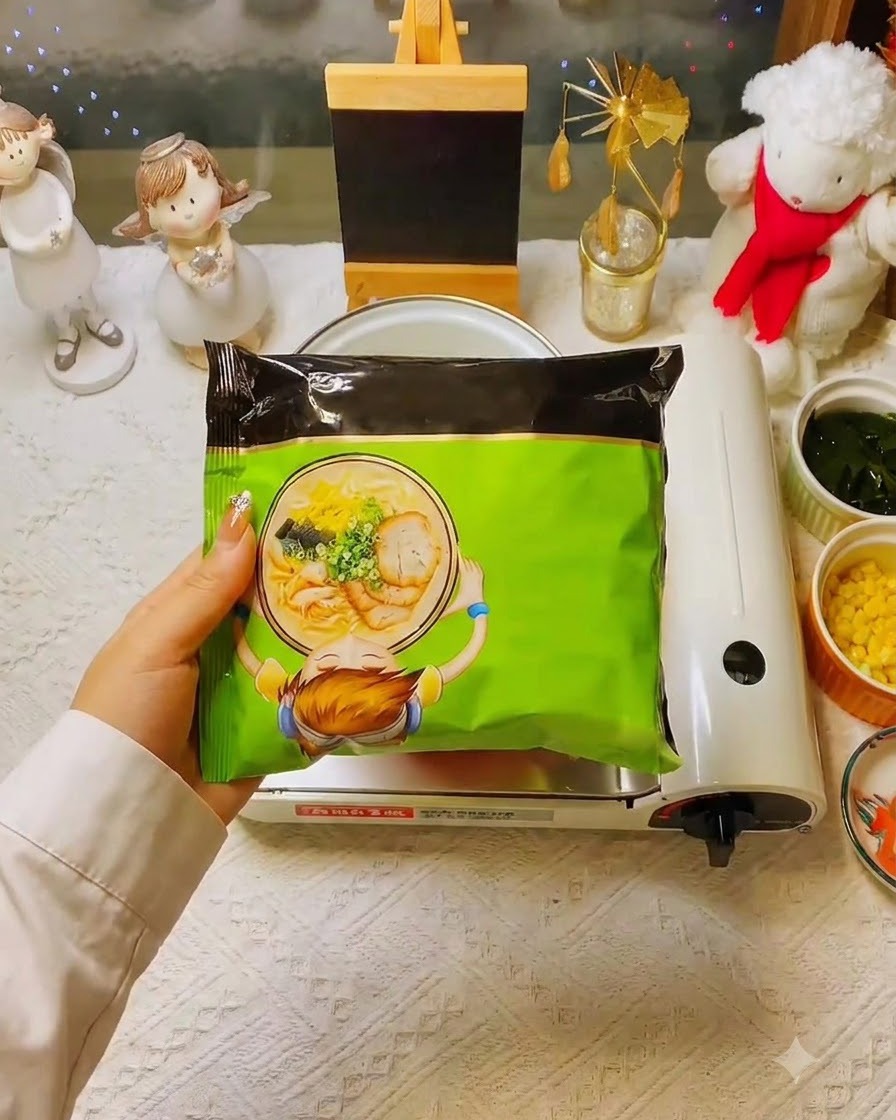 コンロの前で、緑色のインスタントラーメンの袋を手に持っている様子。