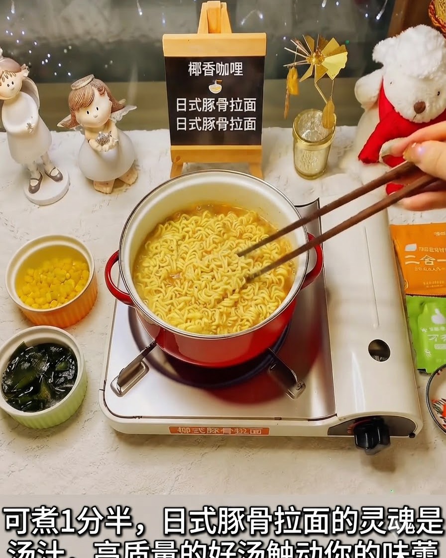 赤い鍋の中で茹でられている黄色いインスタントラーメンを、箸でほぐしている様子。