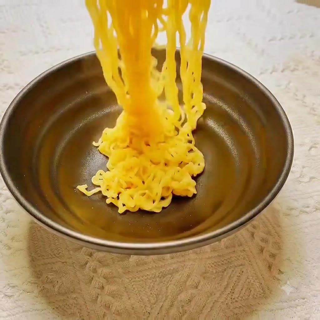 茹で上がった黄色い麺を箸で持ち上げ、黒い陶器の器に移している様子。