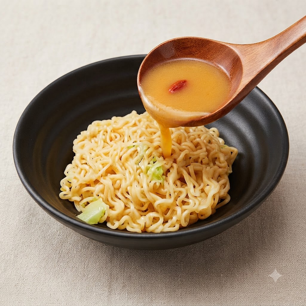 木製のお玉で、鍋から黒い陶器の器に盛られた麺に熱々のスープを注いでいる様子。