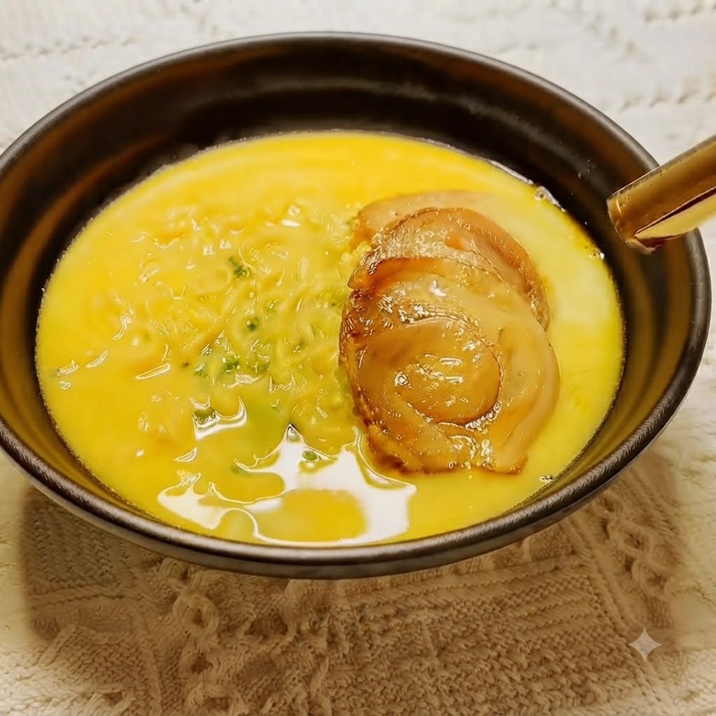 ラーメンの器にのせたチャーシューを、クッキングバーナーで炙っている様子。