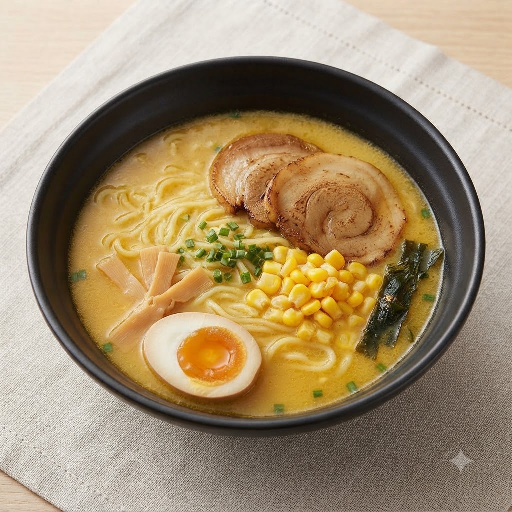 木製のお玉で、ラーメンの器に黄色いスイートコーンを加えている様子。