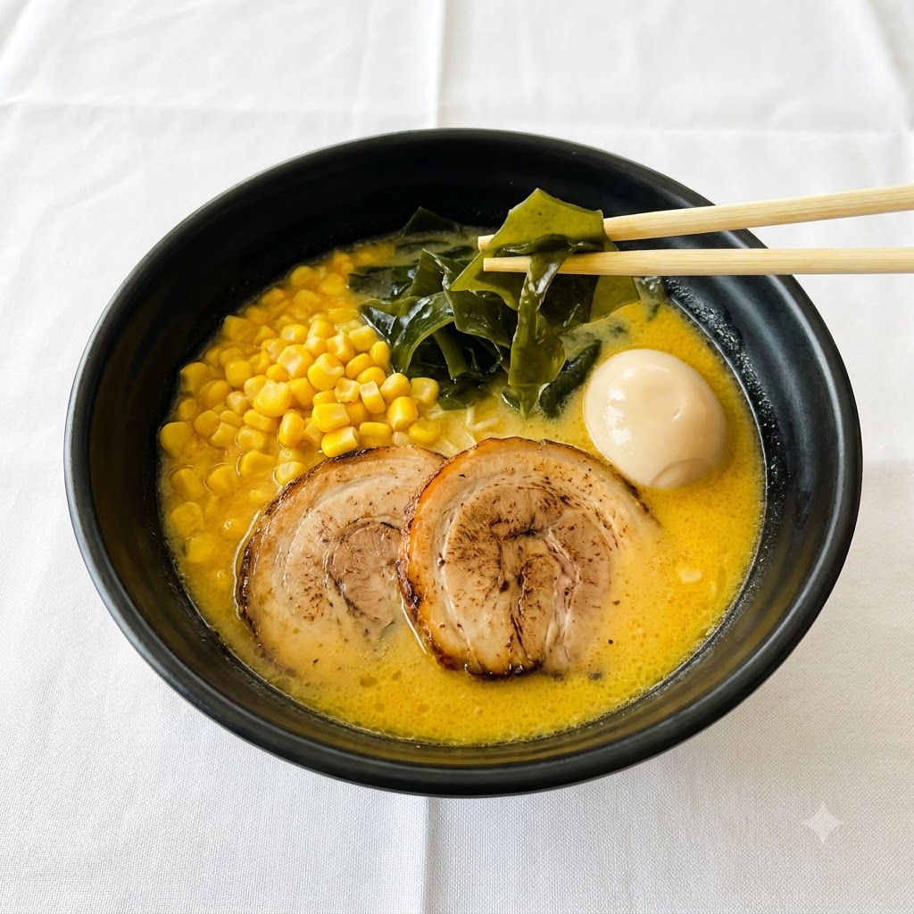 箸で濃い緑色のわかめをつかみ、日本のラーメンの器にのせている様子。