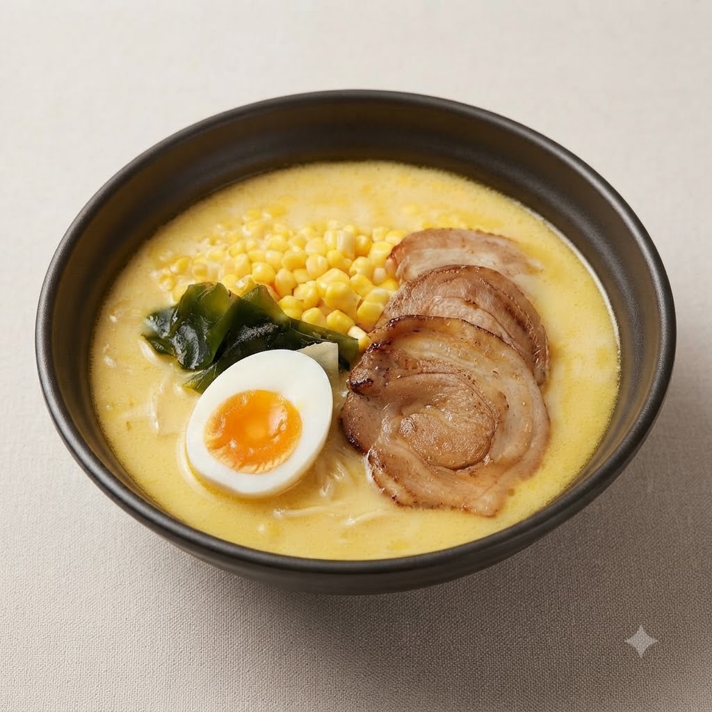 トッピングがたっぷりのったラーメンの器の端に、黄身がとろける半分に切った半熟卵をのせている様子。