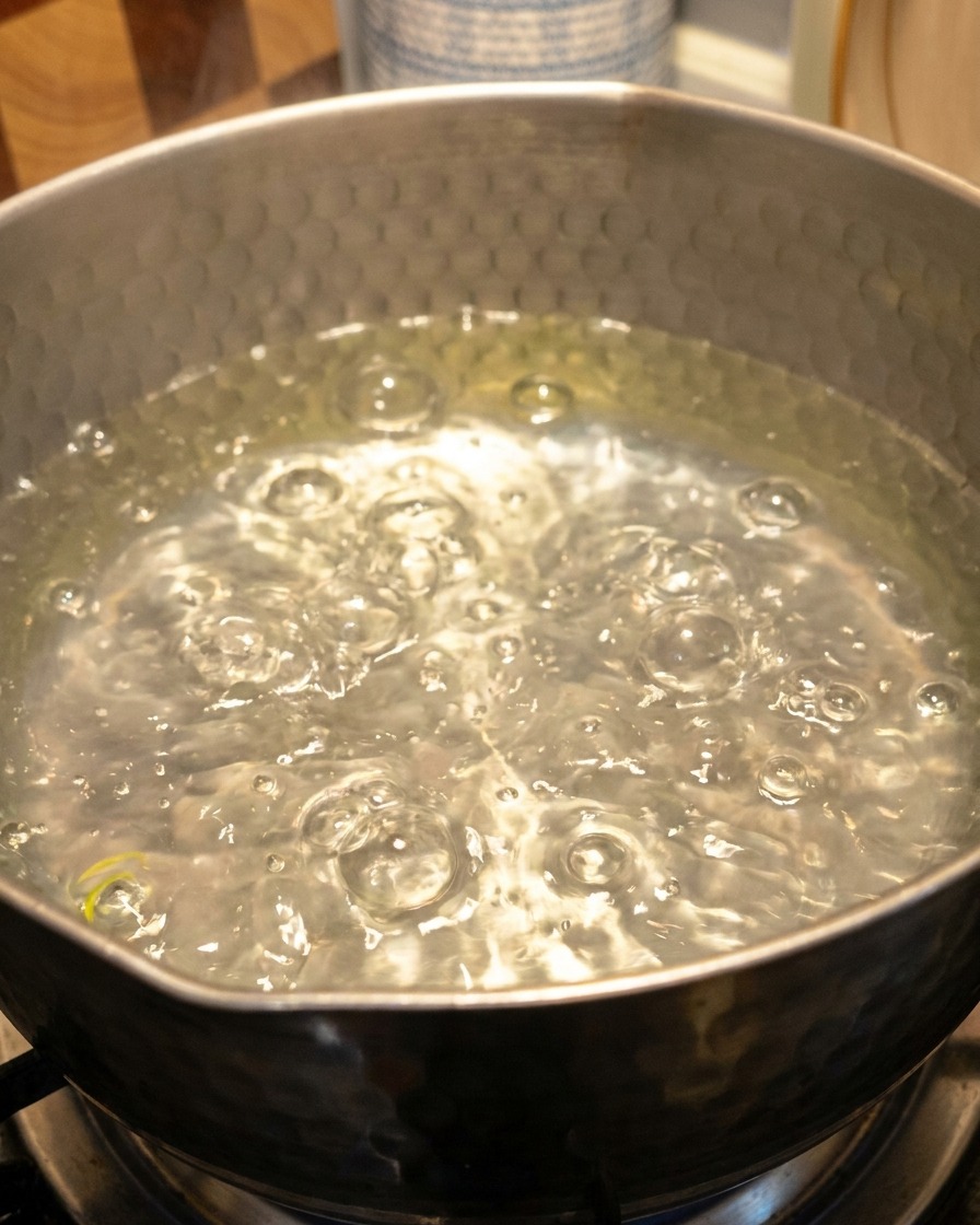 鍋のお湯で緑色のわかめを茹でている様子。