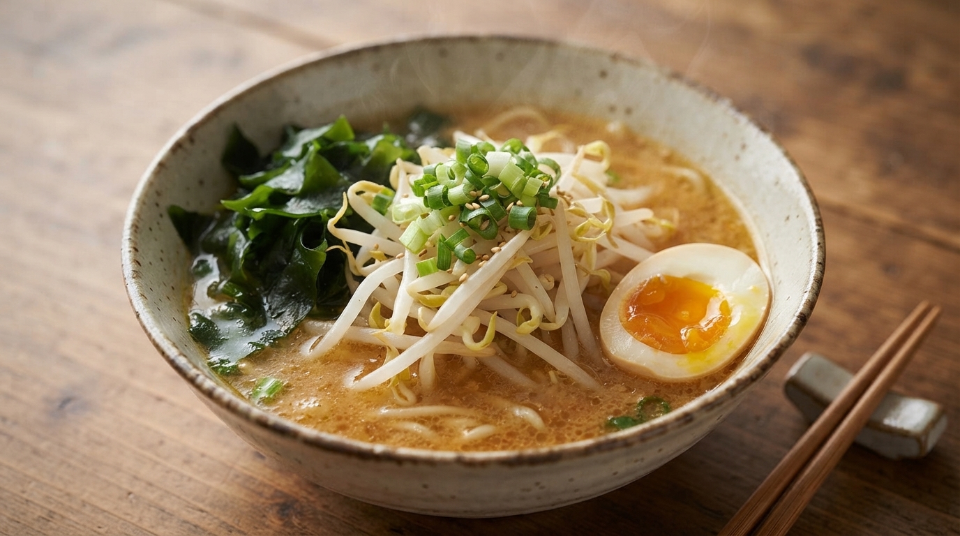 もやし、わかめ、半熟卵をトッピングした、湯気の立つ手作り味噌ラーメン。