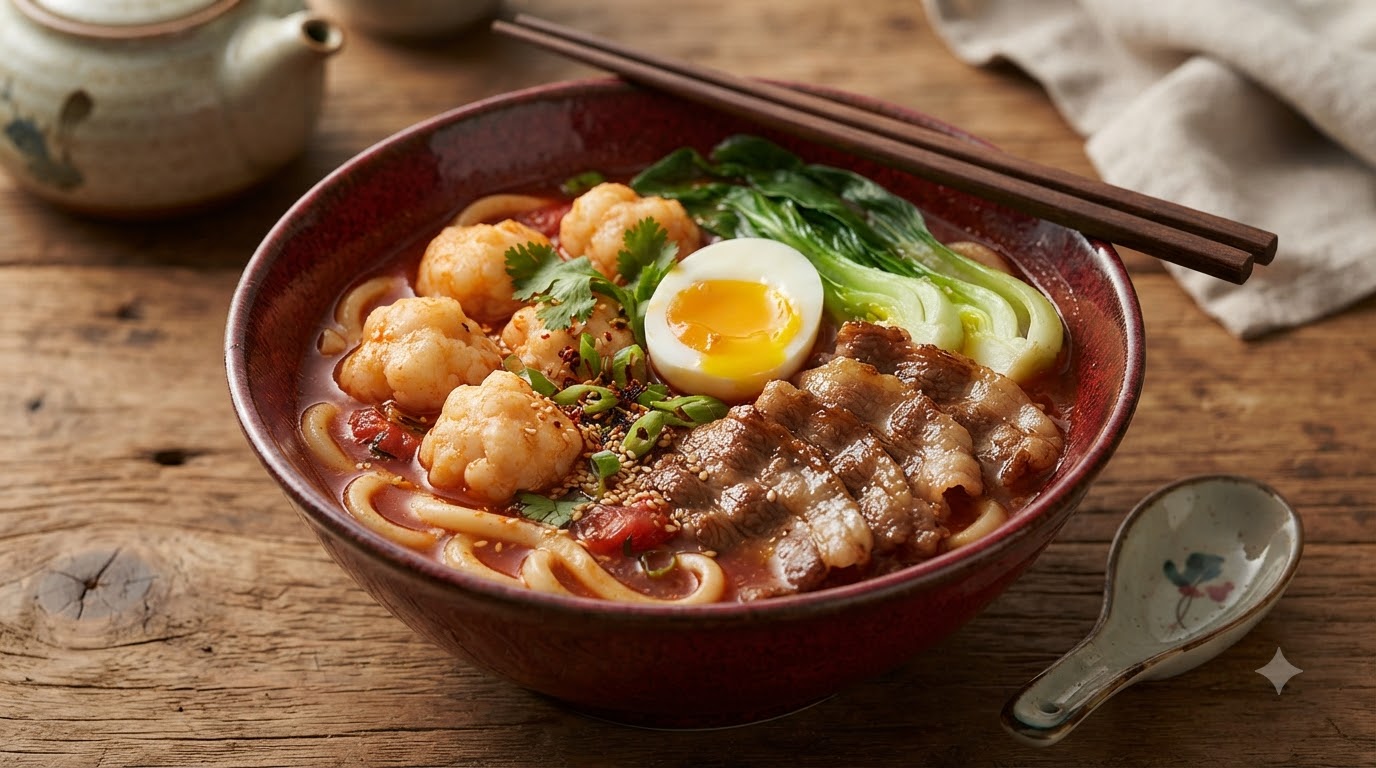 トマトビーフうどん 手作り海老団子添え