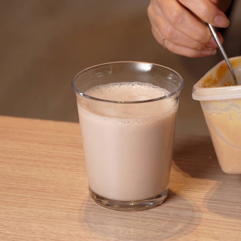 グラスに入った雑穀豆乳にオーガニック味噌をスプーンで混ぜ入れている様子
