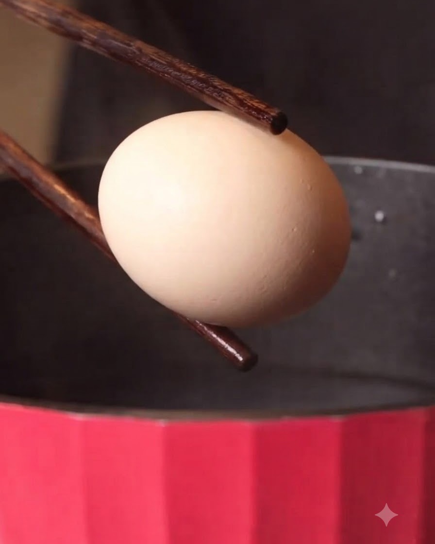 木製の菜箸で熱いお湯の中に卵を入れている様子