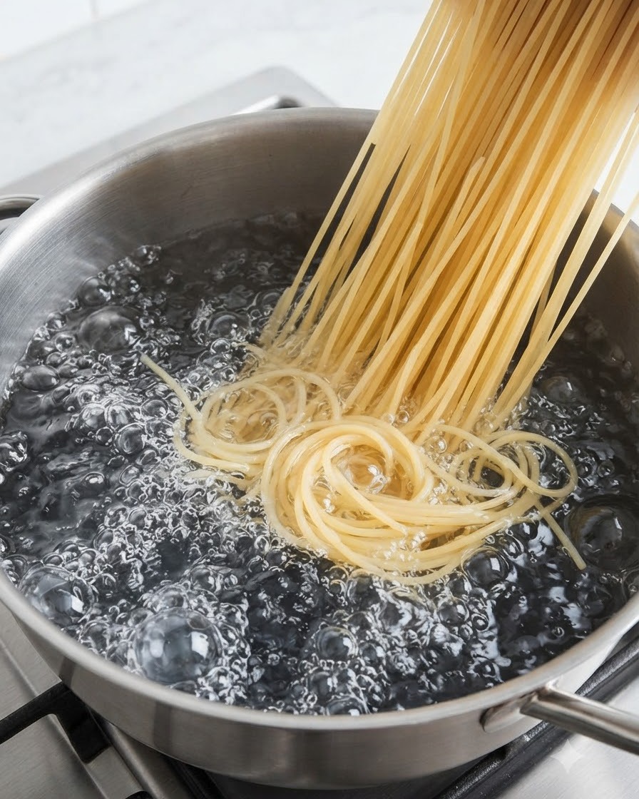 沸騰した大きめの鍋に生ラーメンの麺が投入されている様子
