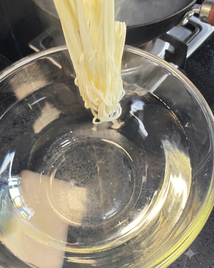 茹で上がった麺をすくい上げて冷水の入ったボウルに入れている様子