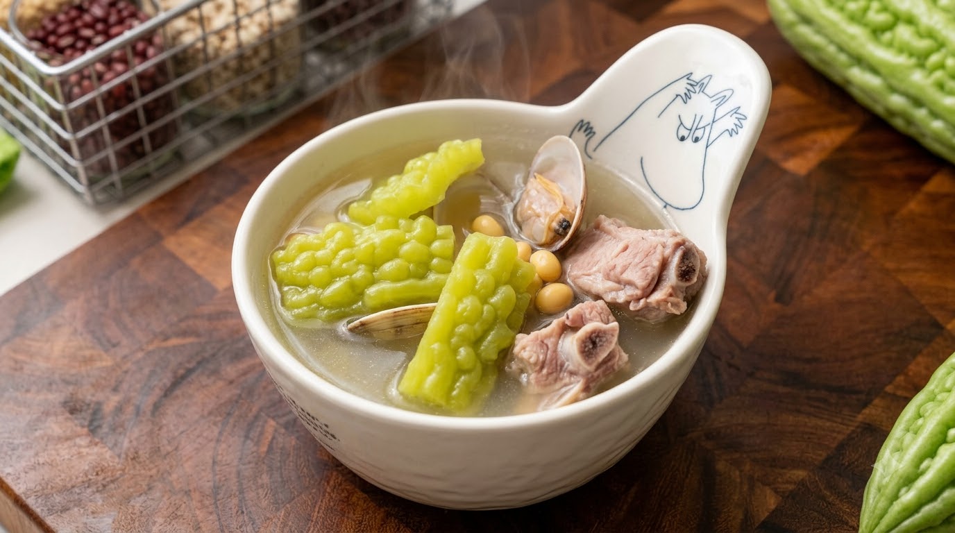 一碗清澈诱人、食材丰富的苦瓜蛤蜊大豆排骨汤
