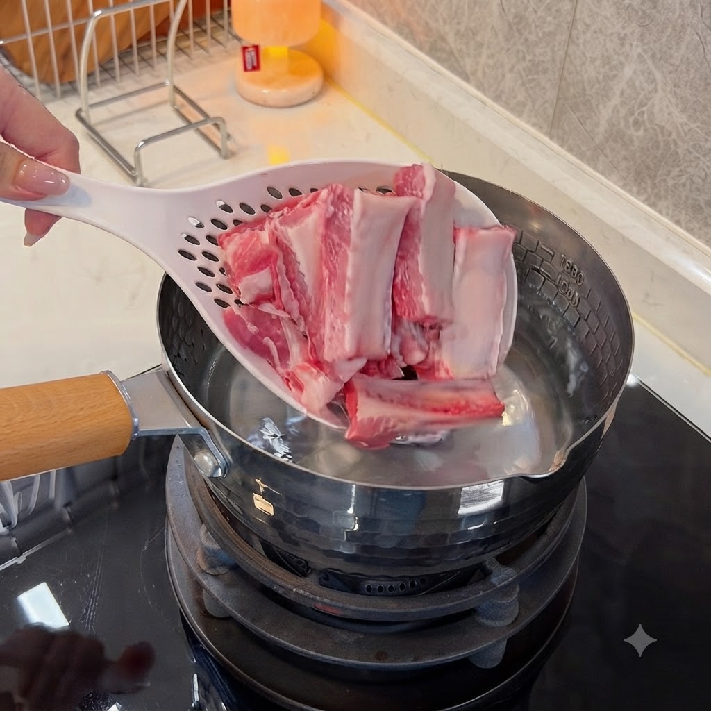 冷水の入ったステンレス製の鍋に、穴あきお玉を使って生の豚スペアリブのピースを入れているところ。