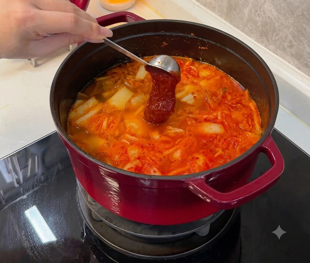 とろみのある赤いコチュジャンを乗せたスプーンを、グツグツと煮えるキムチシチューの鍋に入れているところ。