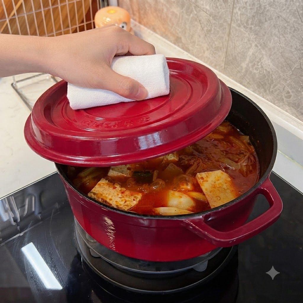 白いキッチンタオルで手を保護しながら、シチューの入った赤い鍋に再び蓋をしている手。