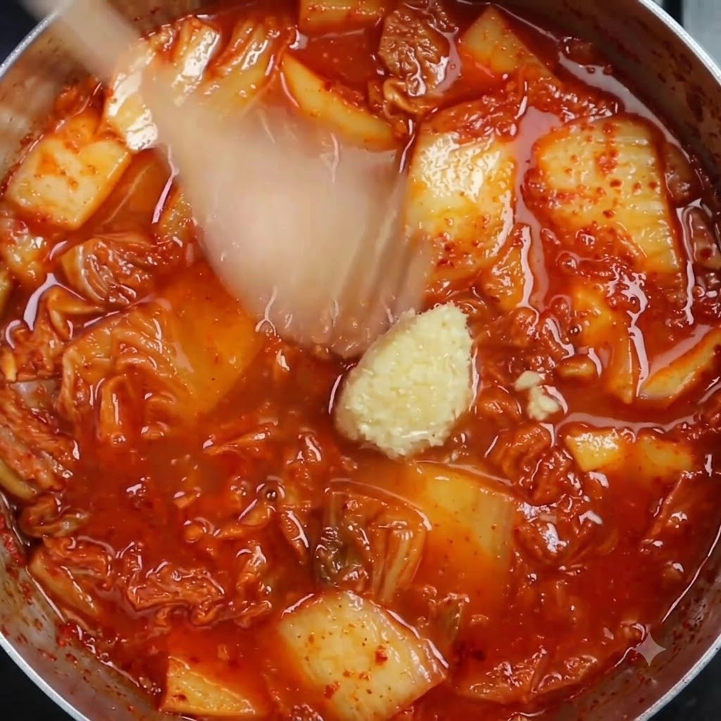 赤く煮立つキムチスープに、おろしにんにくと調味料が加わった様子。