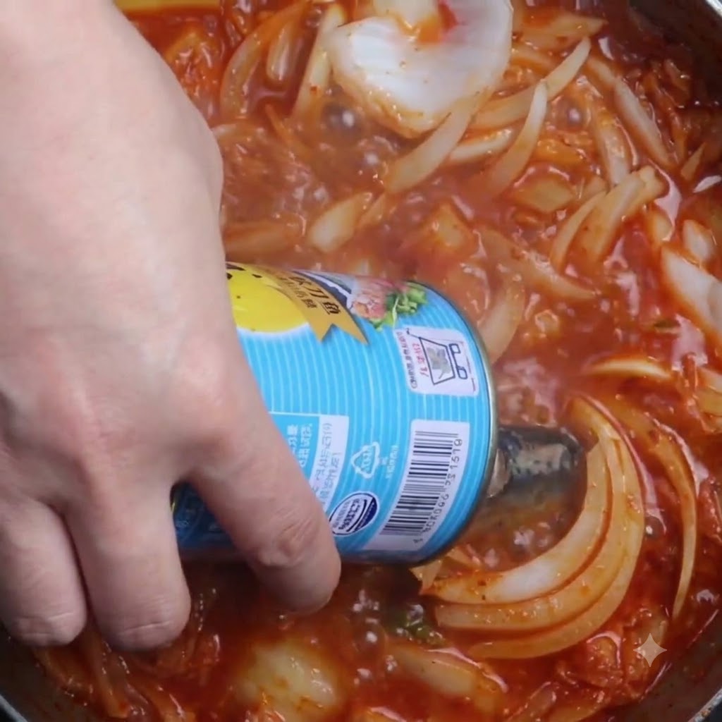 煮立っているスープと玉ねぎの入った鍋に、缶詰のさんまを入れている様子。