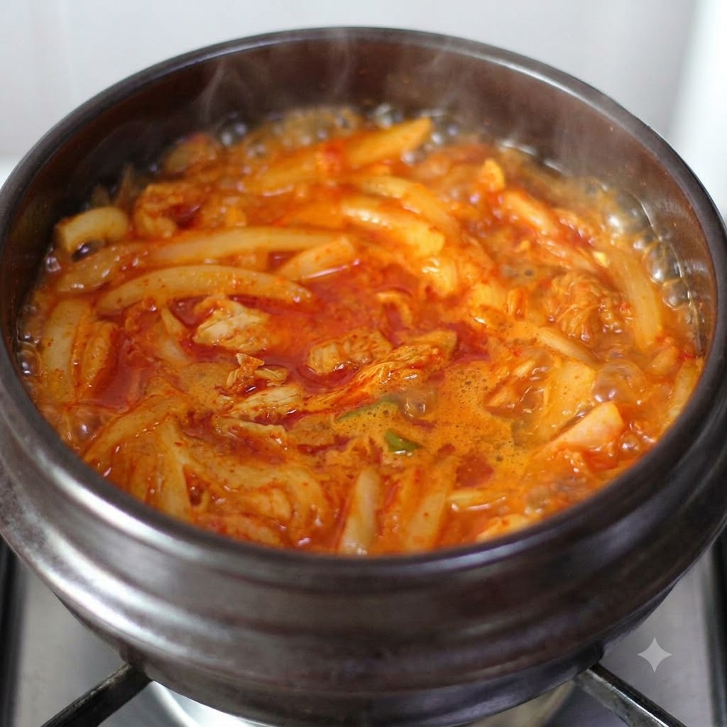 湯気が立ち上る、グツグツと煮える赤いスープが入った土鍋。