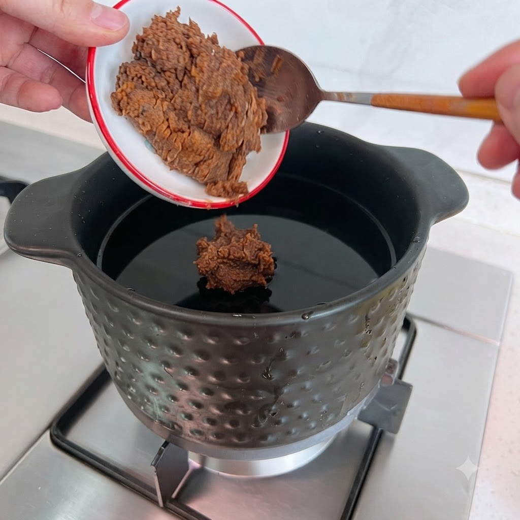 お湯の入った鍋にスプーン2杯の韓国味噌を加えている様子。