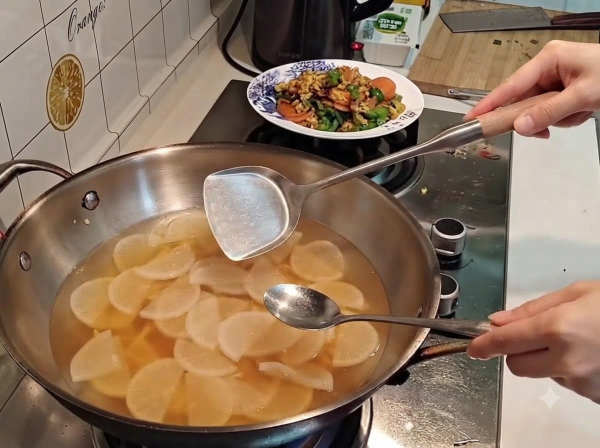 大根とスープの入った煮込み鍋を、ヘラとスプーンで混ぜ合わせているところ。