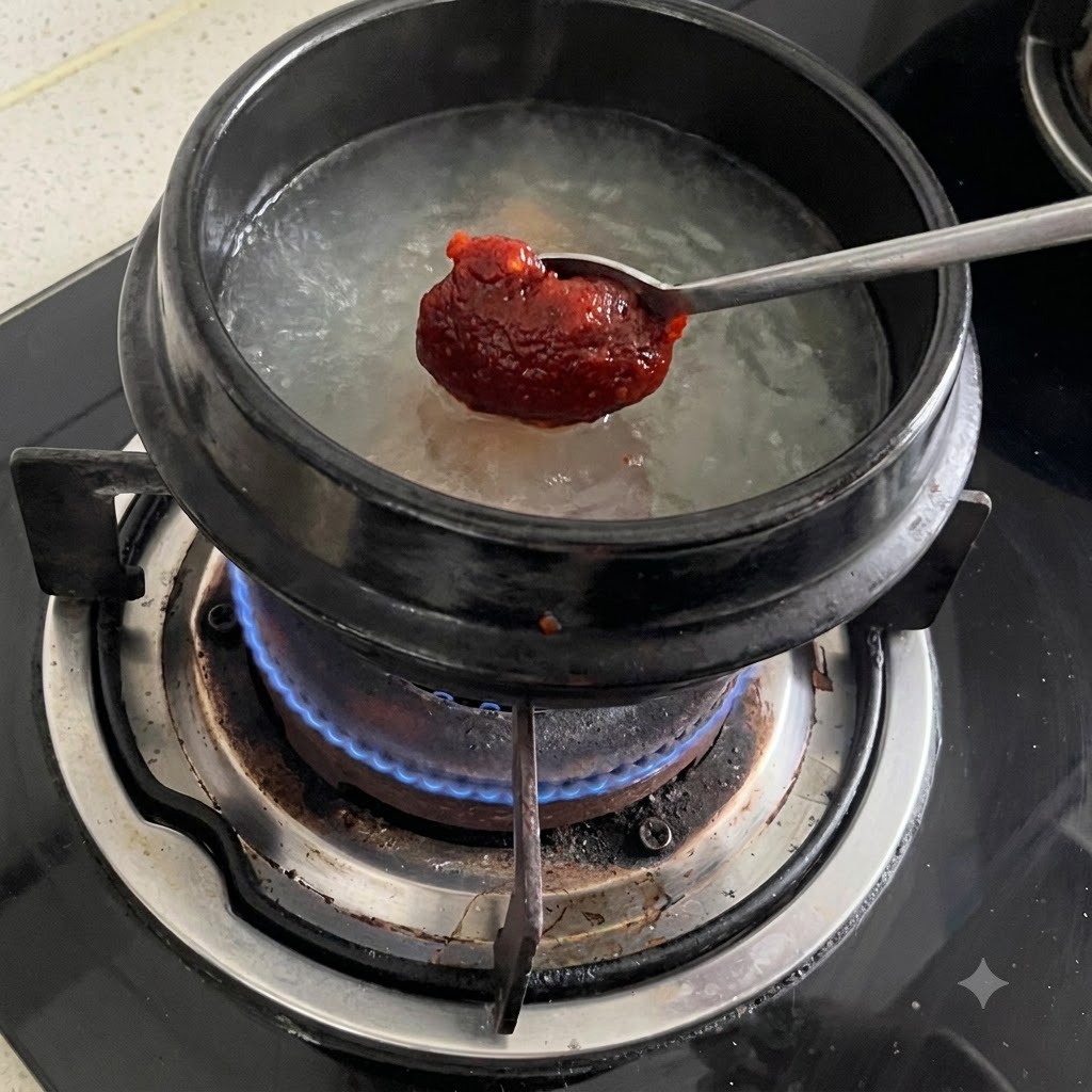 煮立っているスープの鍋の上で、サムジャンをすくったスプーンが構えられている様子。