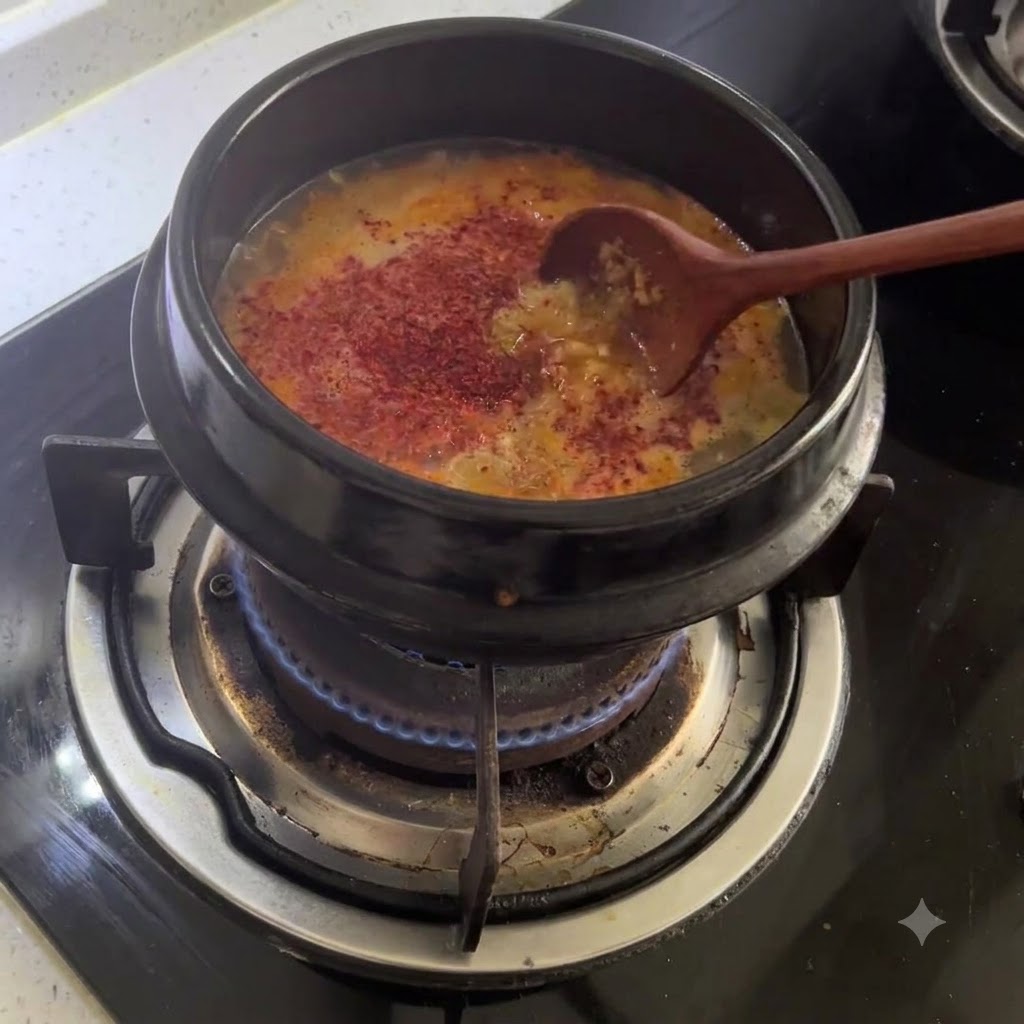 赤みがかったグツグツ煮えるスープの中で、調味料の粉末を木べらかき混ぜている様子。