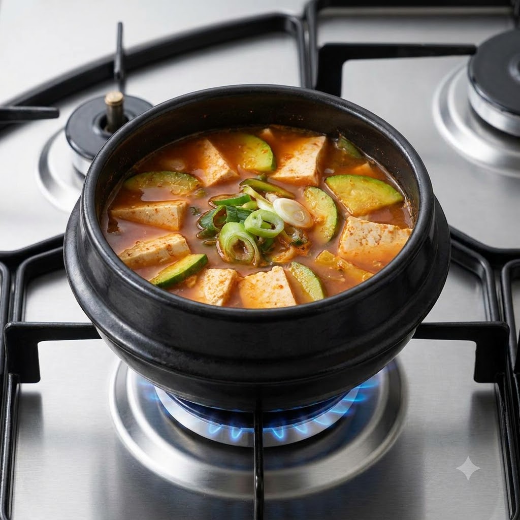 ズッキーニ、豆腐、そして中心に刻んだ青ねぎと唐辛子が盛られた、スープが入った鍋のクローズアップショット。