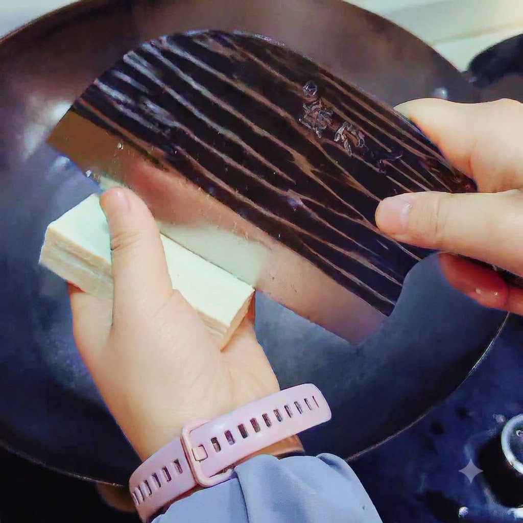 白い豆腐のブロックを持ち、包丁で直接スープの煮立つ鍋にスライスして落としている様子。