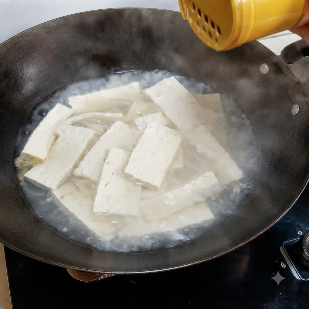 黄色い容器から、豆腐の煮えるスープに調味料を振りかけている様子。
