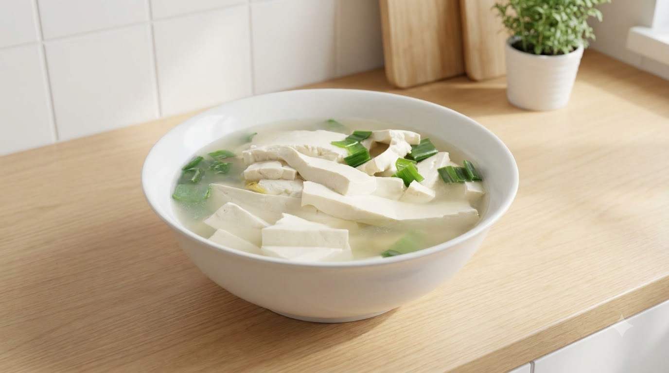 みずみずしい緑のネギが彩る、温かい豆腐のクリアスープ。