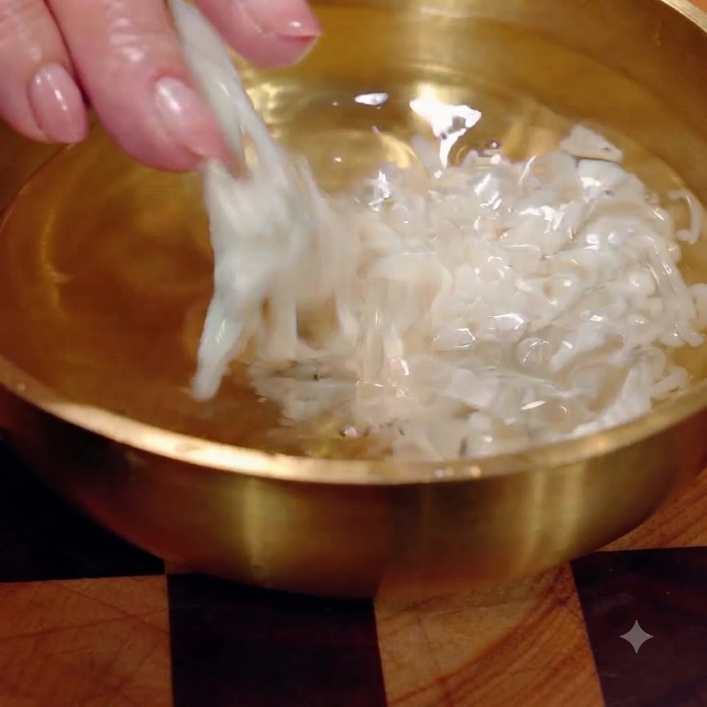 きれいな水が入ったボウルに、細切りにした豆腐が入れられ、ほぐされている様子。
