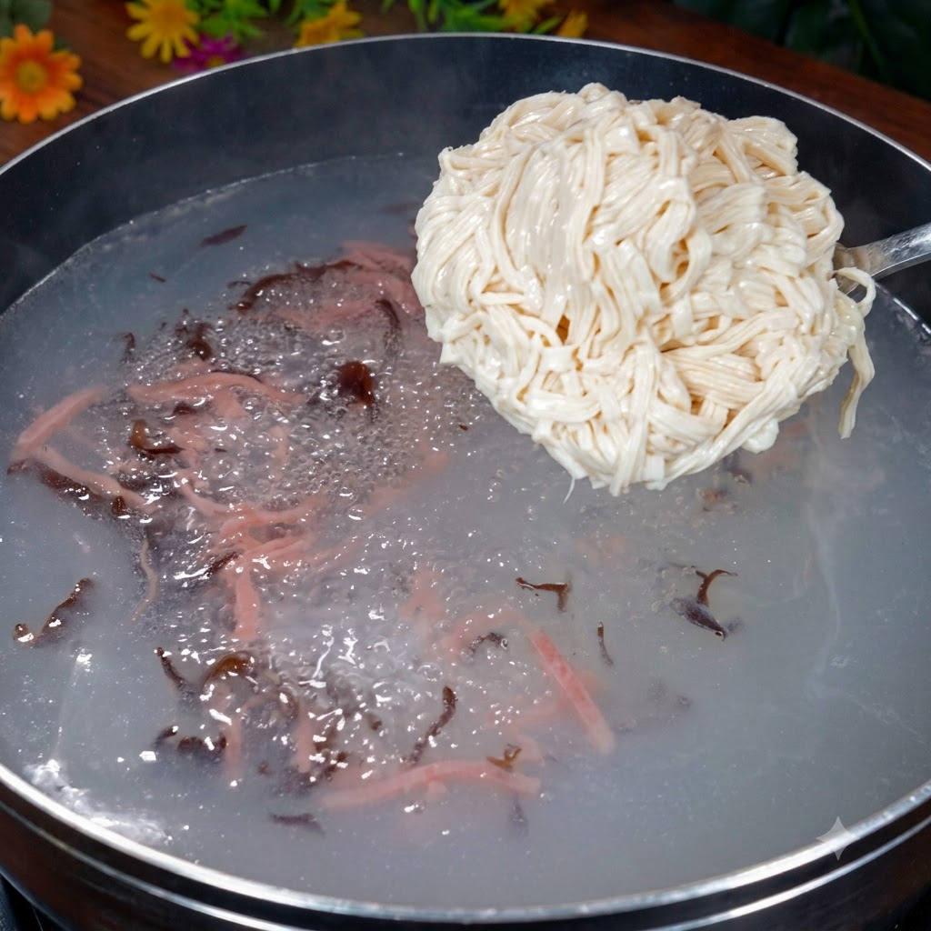 沸騰した鍋に細切り豆腐を加え、お玉で優しくかき混ぜている様子。