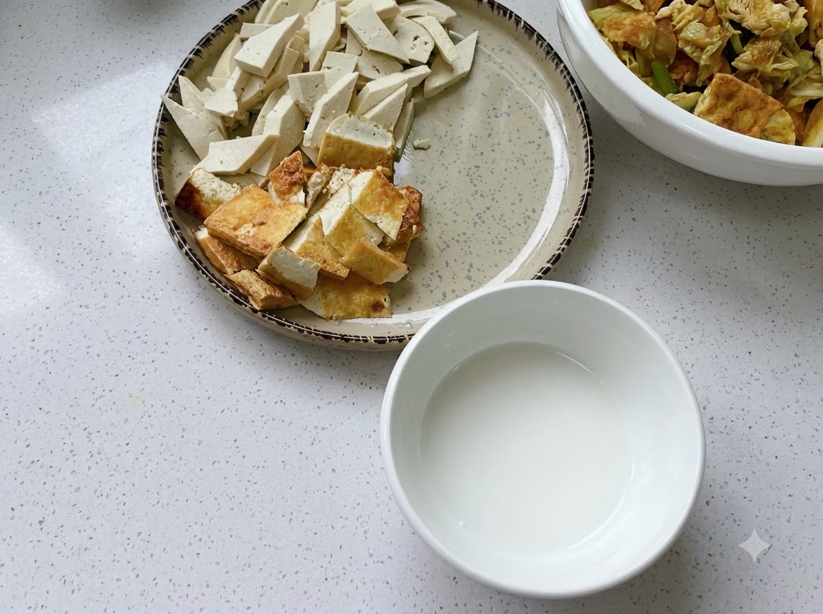 カウンターの上に置かれた、切った豆腐、厚揚げ、ピータン、ハーブ、そして水溶きくわい粉が入ったお皿やボウル。