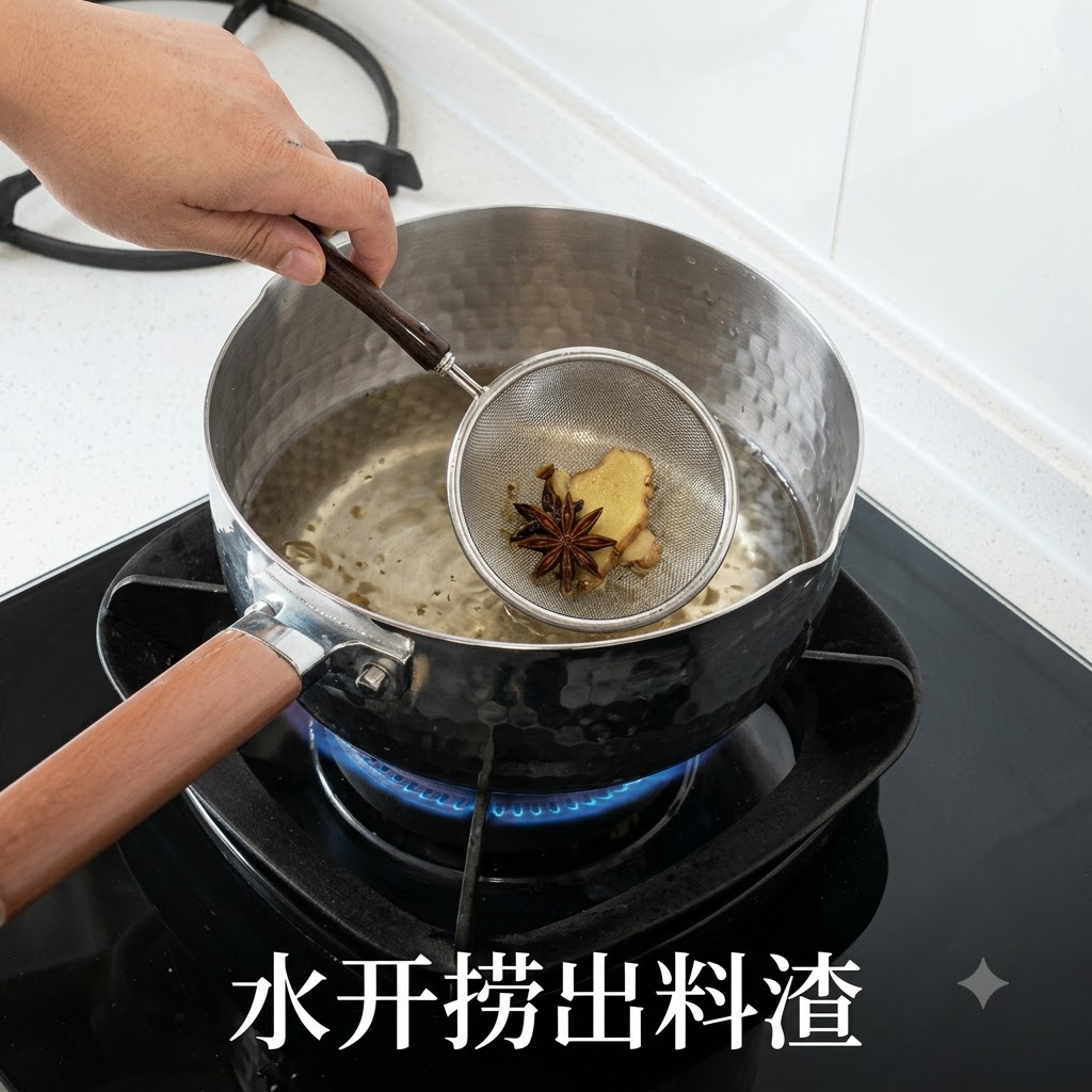 沸騰したお湯の入った鍋の上で、八角と生姜が入った網杓子を持つ手。