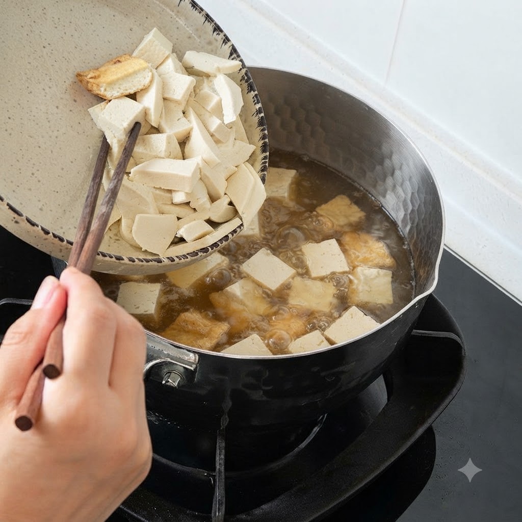 箸を使って、お皿から沸騰したスープの入った鍋へ、切った豆腐ときくらげを入れている様子。