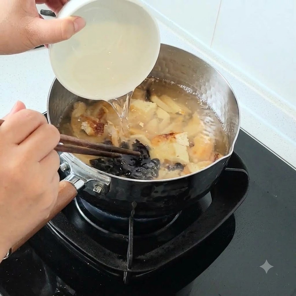 豆腐きのこが煮立っている鍋に、小さなボウルから醤油を注いでいる様子。