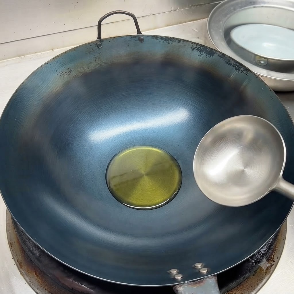 熱した中華鍋の中央に冷たい調理油がたまっており、すぐそばにステンレス製のお玉が置かれています。