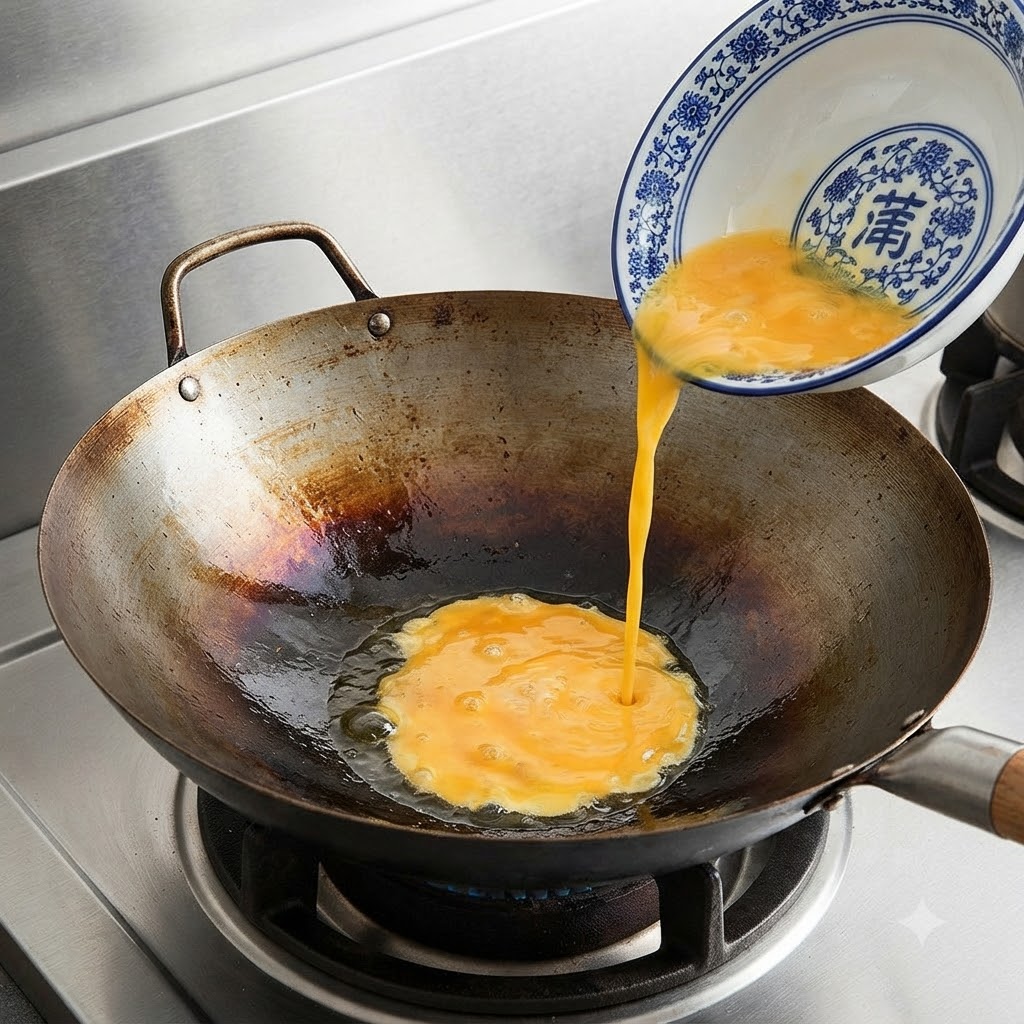 青と白の模様が入ったボウルから、味付けされた熱した中華鍋へと溶き卵の液体が注がれているところ。