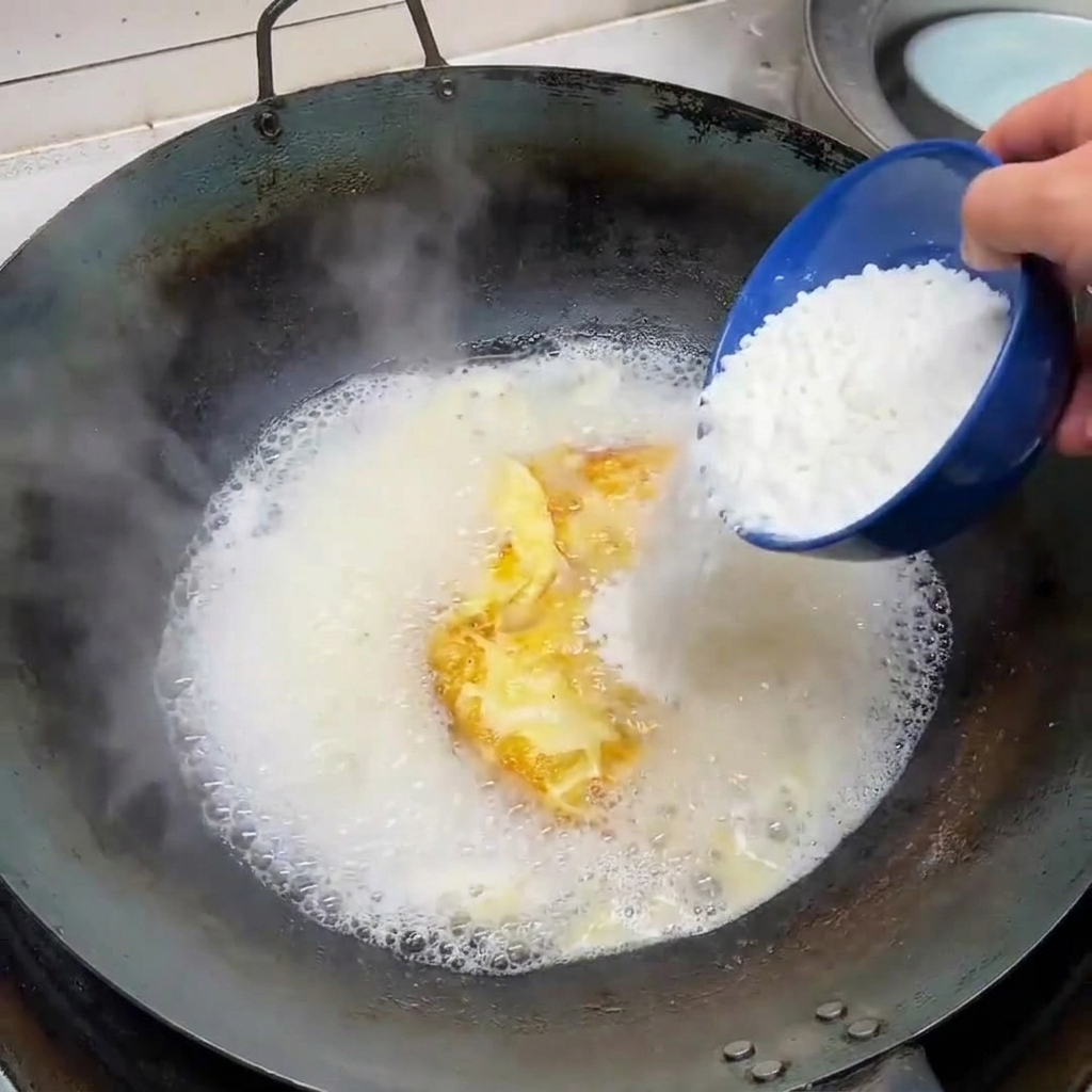 青いボウルから、白濁した沸騰スープの中に豆腐のキューブが投入されているところ。