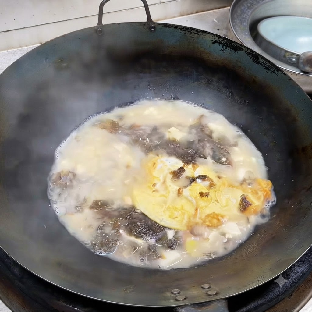 泡立つ白濁したスープと豆腐が入った中華鍋に、刻んだ青ねぎが上からパラパラと落ちているところ。