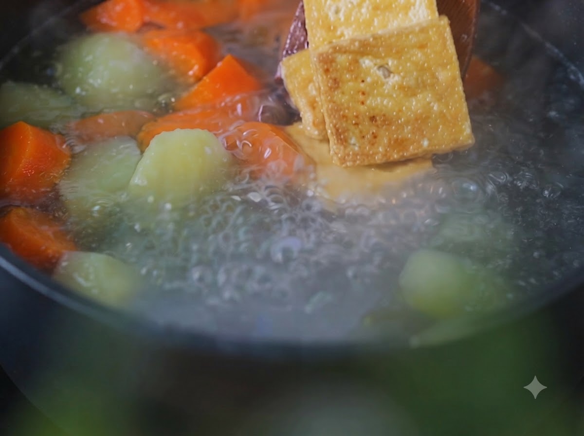 沸騰した鍋の中に、木べらを使って焼いた豆腐を入れている様子。